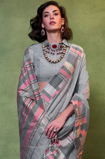 grey woven design zari silk blend banarasi saree