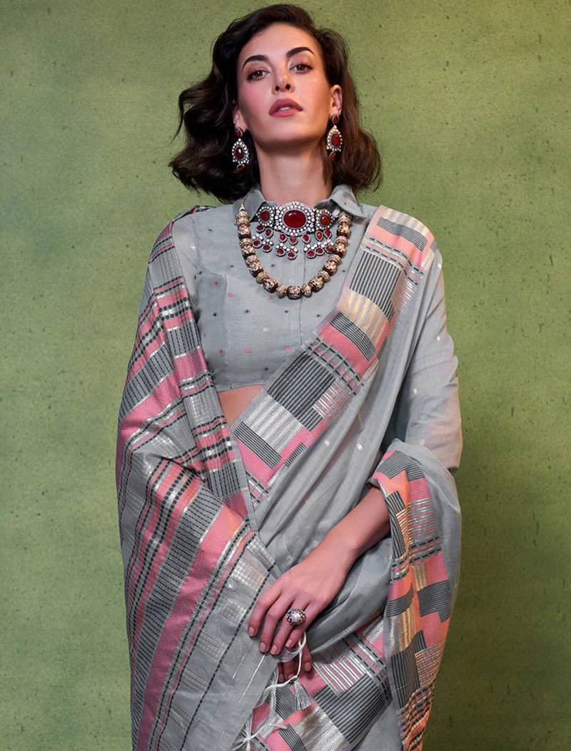 grey woven design zari silk blend banarasi saree