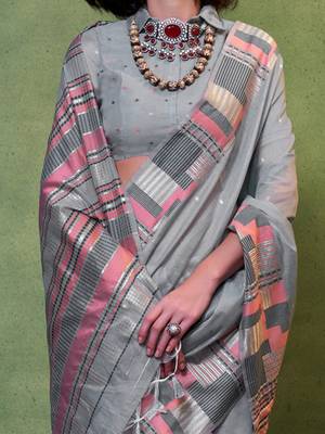 grey woven design zari silk blend banarasi saree 4