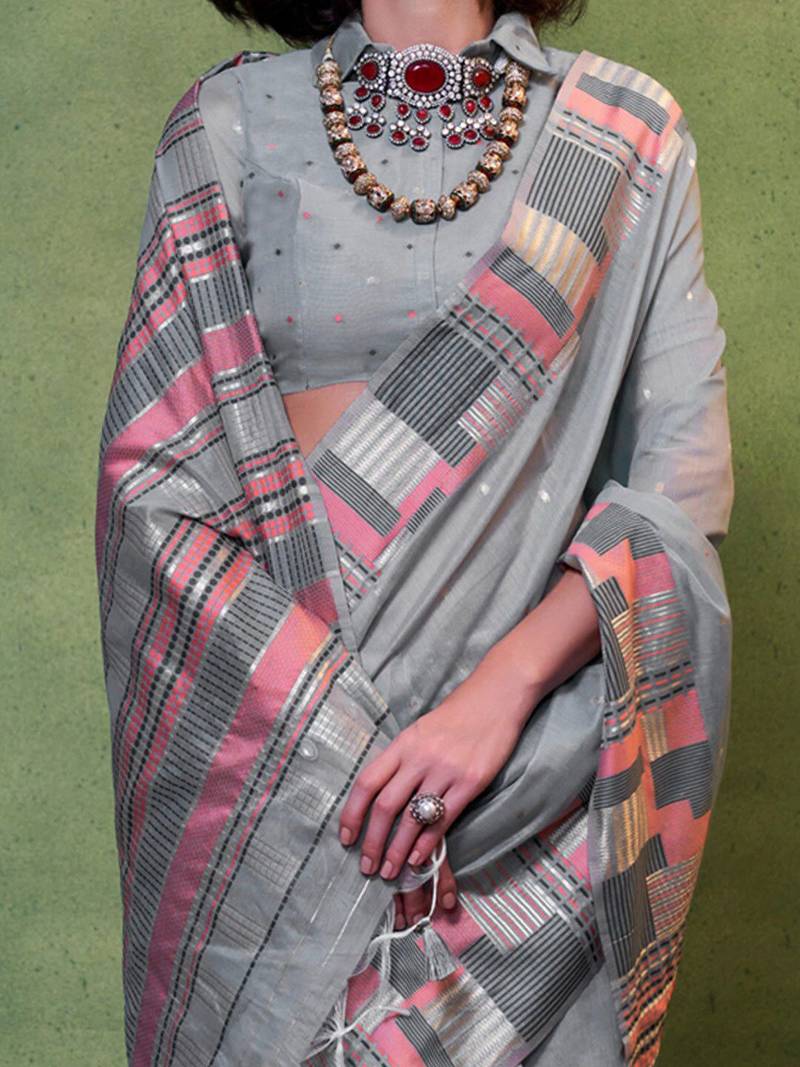 grey woven design zari silk blend banarasi saree