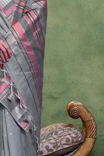 grey woven design zari silk blend banarasi saree