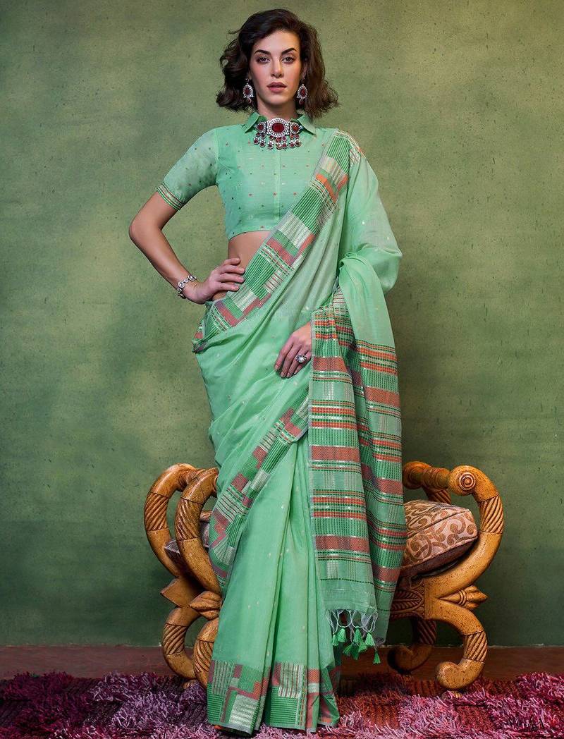 sea_green woven design zari silk blend banarasi saree