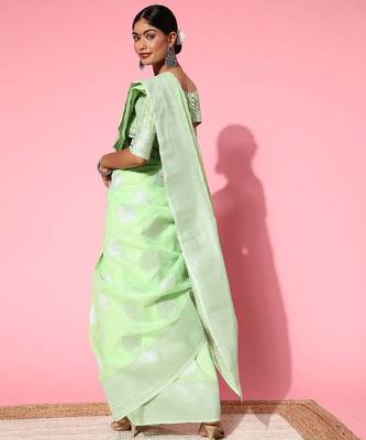 green floral saree with woven design border 4
