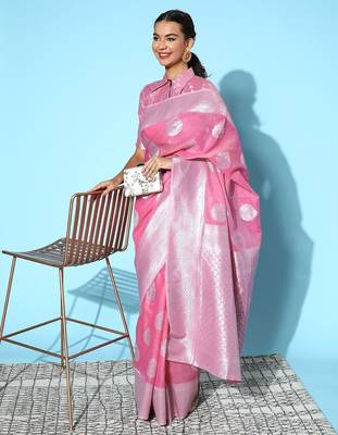 pink pink & silver ethnic motifs pure linen saree 1