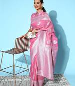 pink pink & silver ethnic motifs pure linen saree