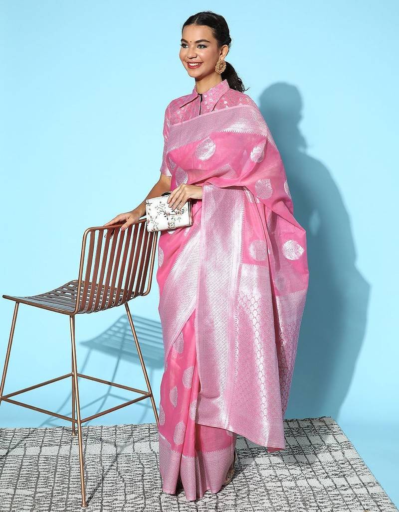 pink pink & silver ethnic motifs pure linen saree