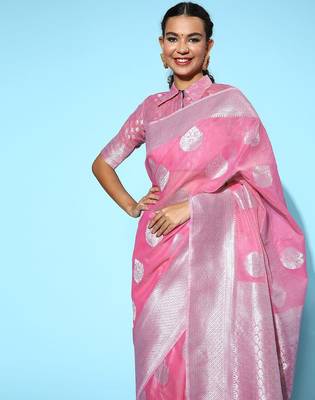 pink pink & silver ethnic motifs pure linen saree 2