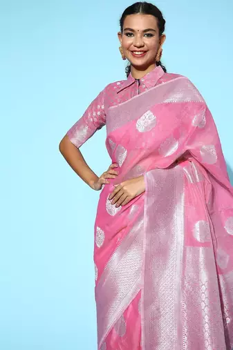 pink pink & silver ethnic motifs pure linen saree