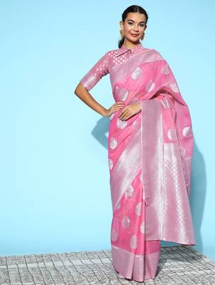 pink pink & silver ethnic motifs pure linen saree 3