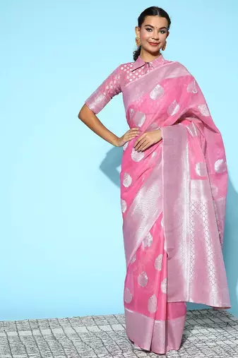 pink pink & silver ethnic motifs pure linen saree