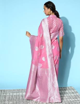pink pink & silver ethnic motifs pure linen saree 4