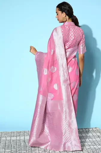 pink pink & silver ethnic motifs pure linen saree
