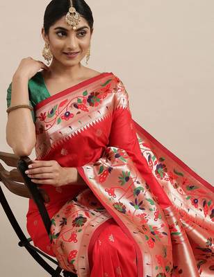 red red woven design zari silk blend paithani saree 1