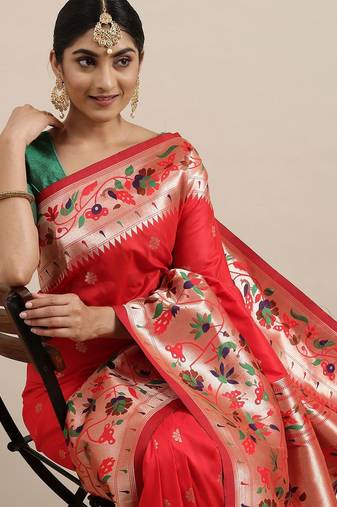 red red woven design zari silk blend paithani saree