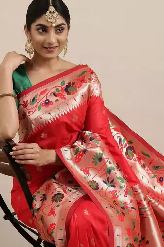 red red woven design zari silk blend paithani saree