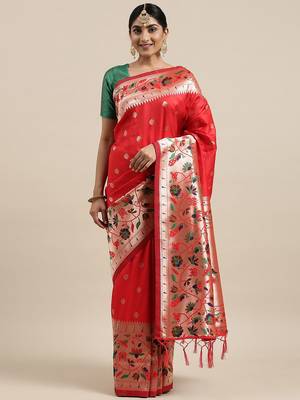 red red woven design zari silk blend paithani saree 2