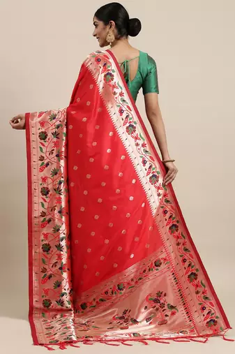 red red woven design zari silk blend paithani saree