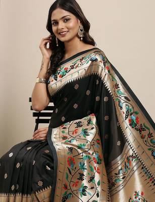 black black woven design zari silk blend paithani saree 1
