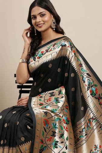 black black woven design zari silk blend paithani saree