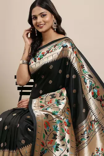 black black woven design zari silk blend paithani saree
