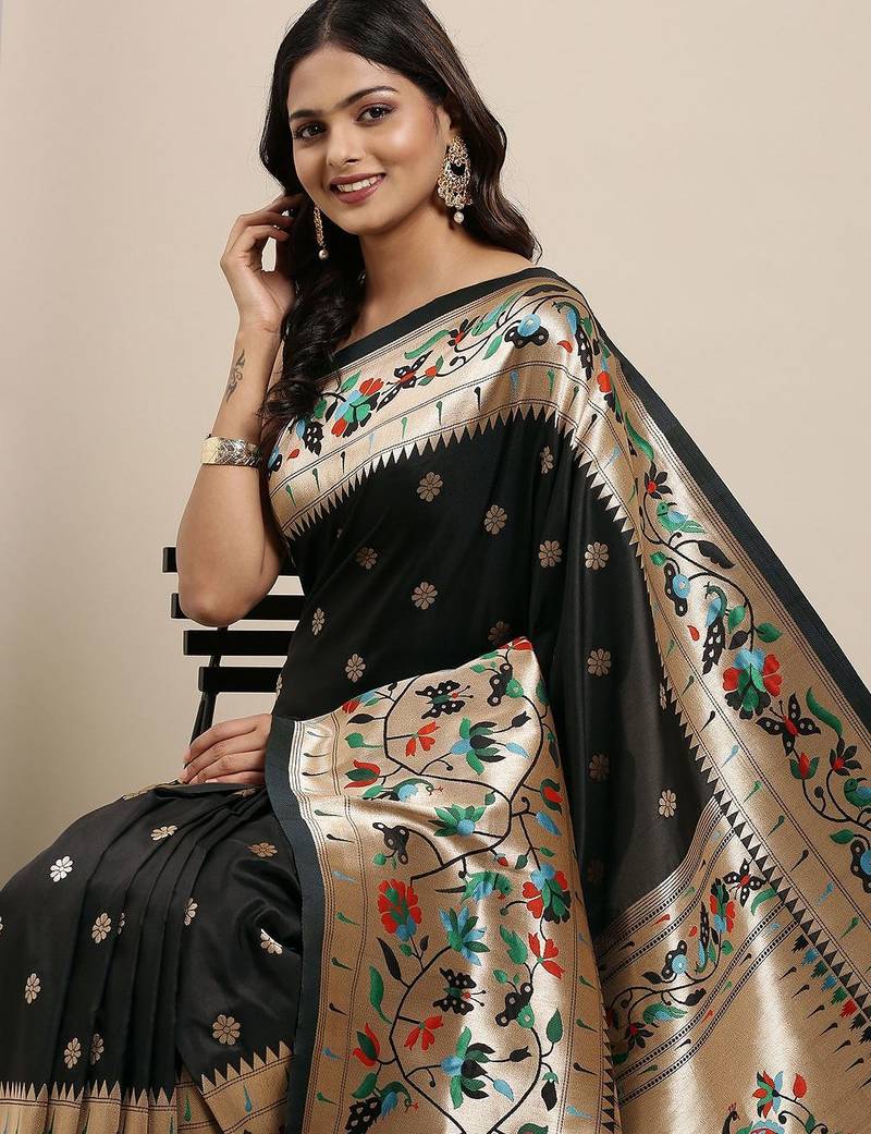 black black woven design zari silk blend paithani saree