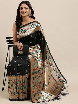 black black woven design zari silk blend paithani saree 2