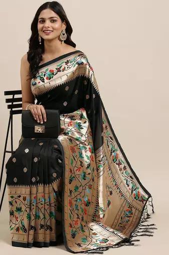 black black woven design zari silk blend paithani saree