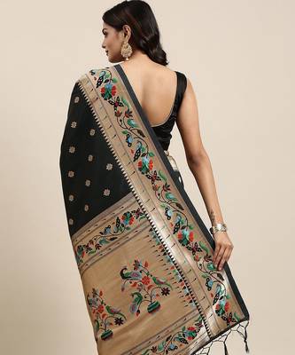 black black woven design zari silk blend paithani saree 3