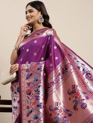 purple purple woven design zari silk blend paithani saree 1