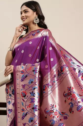 purple purple woven design zari silk blend paithani saree