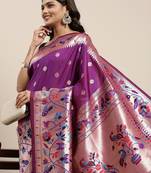 purple purple woven design zari silk blend paithani saree