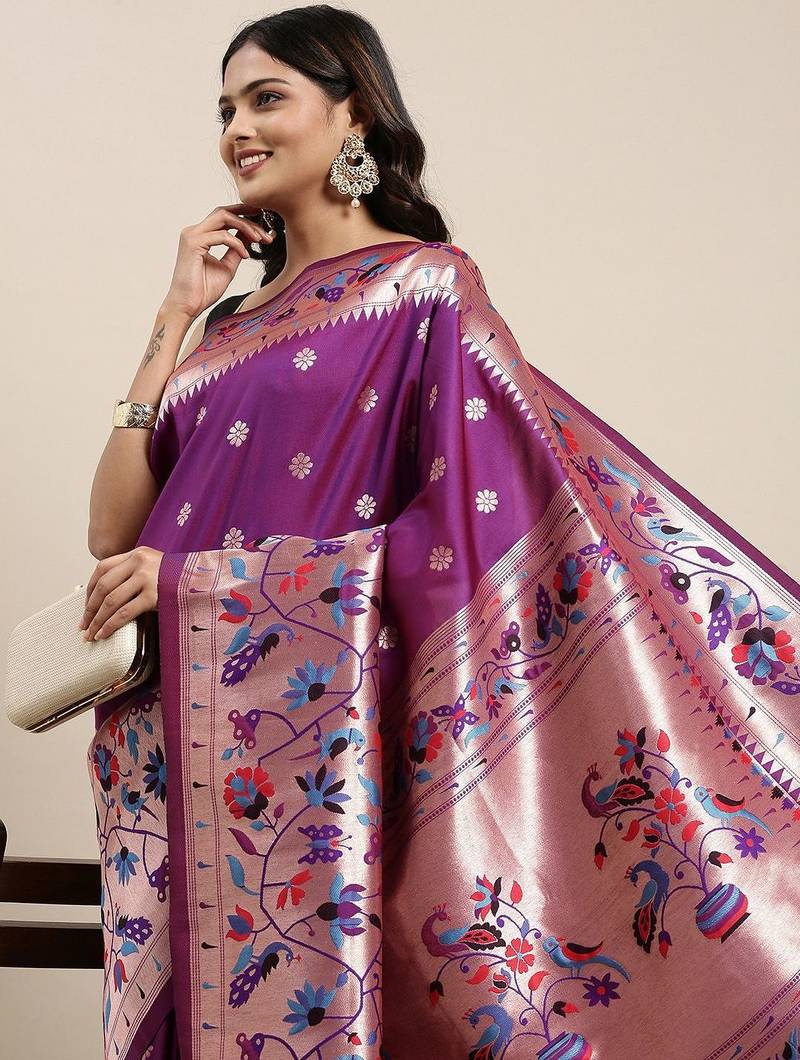 purple purple woven design zari silk blend paithani saree