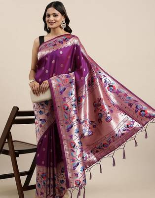 purple purple woven design zari silk blend paithani saree 2