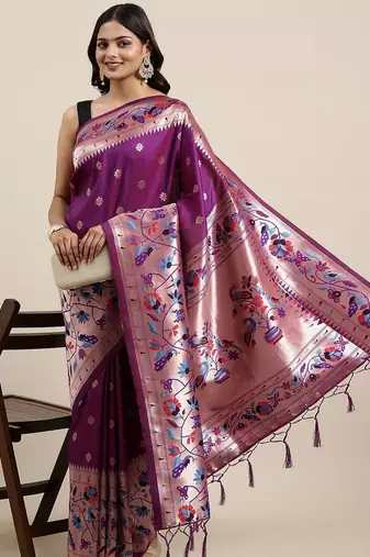 purple purple woven design zari silk blend paithani saree