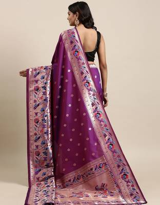 purple purple woven design zari silk blend paithani saree 3