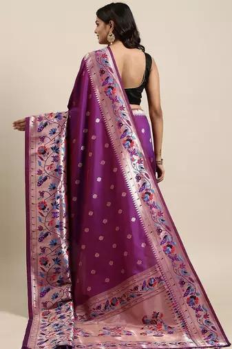 purple purple woven design zari silk blend paithani saree