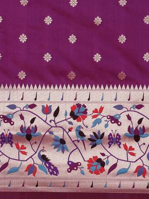 purple purple woven design zari silk blend paithani saree 4