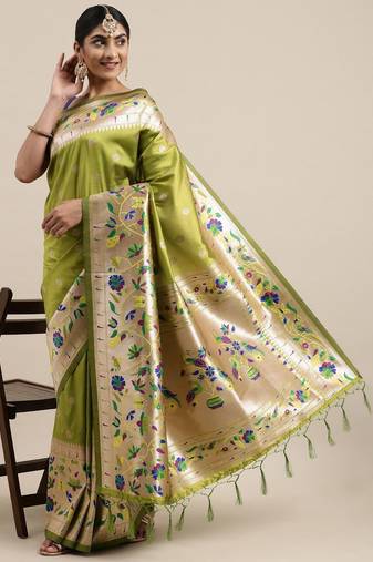 olive olive green woven design zari silk blend paithani saree