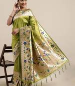olive olive green woven design zari silk blend paithani saree