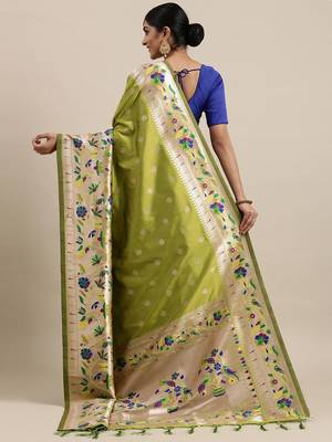 olive olive green woven design zari silk blend paithani saree 3