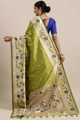 olive olive green woven design zari silk blend paithani saree