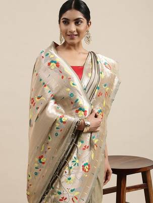 grey grey & yellow ethnic motifs silk blend saree 1
