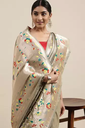 grey grey & yellow ethnic motifs silk blend saree
