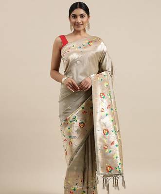 grey grey & yellow ethnic motifs silk blend saree 2