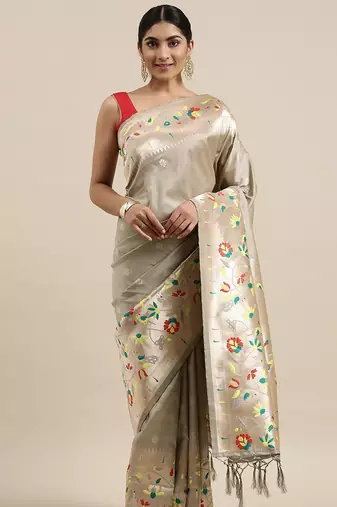 grey grey & yellow ethnic motifs silk blend saree