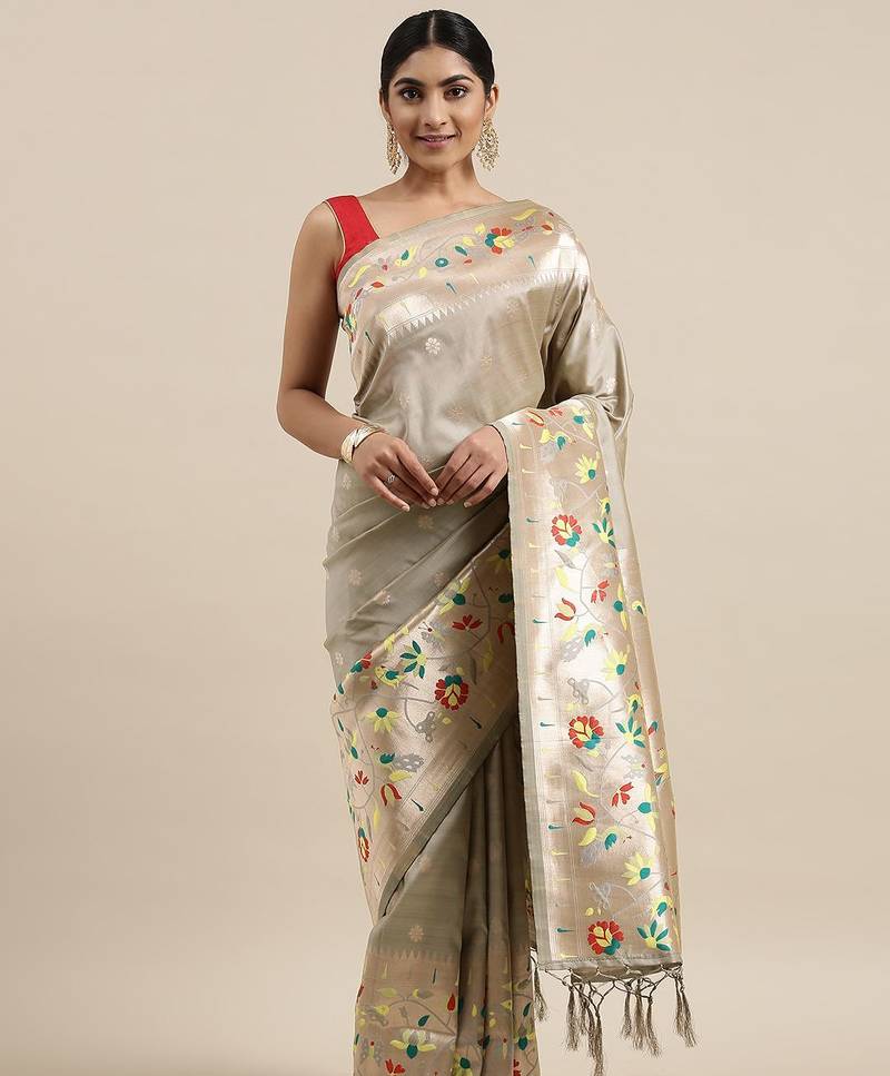 grey grey & yellow ethnic motifs silk blend saree