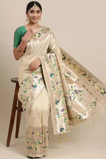 beige beige woven design zari silk blend paithani saree