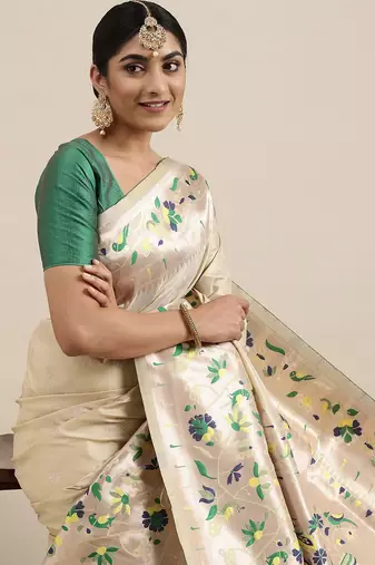 beige beige woven design zari silk blend paithani saree