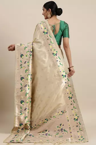 beige beige woven design zari silk blend paithani saree