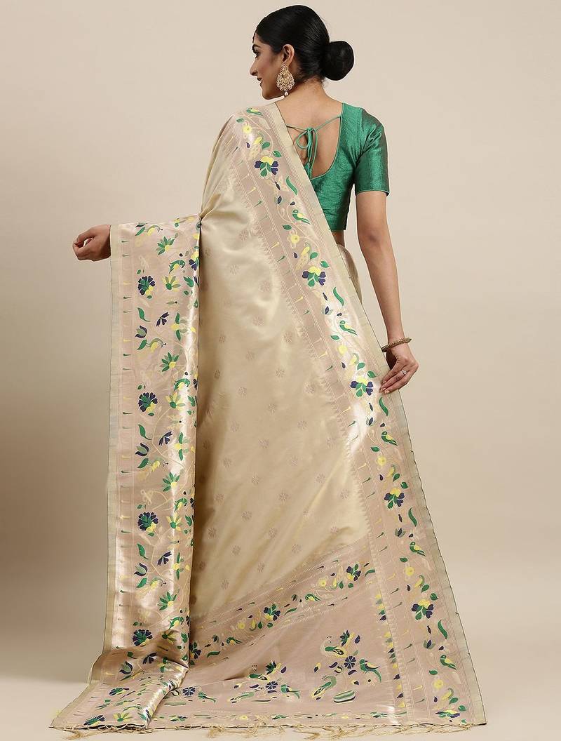 beige beige woven design zari silk blend paithani saree